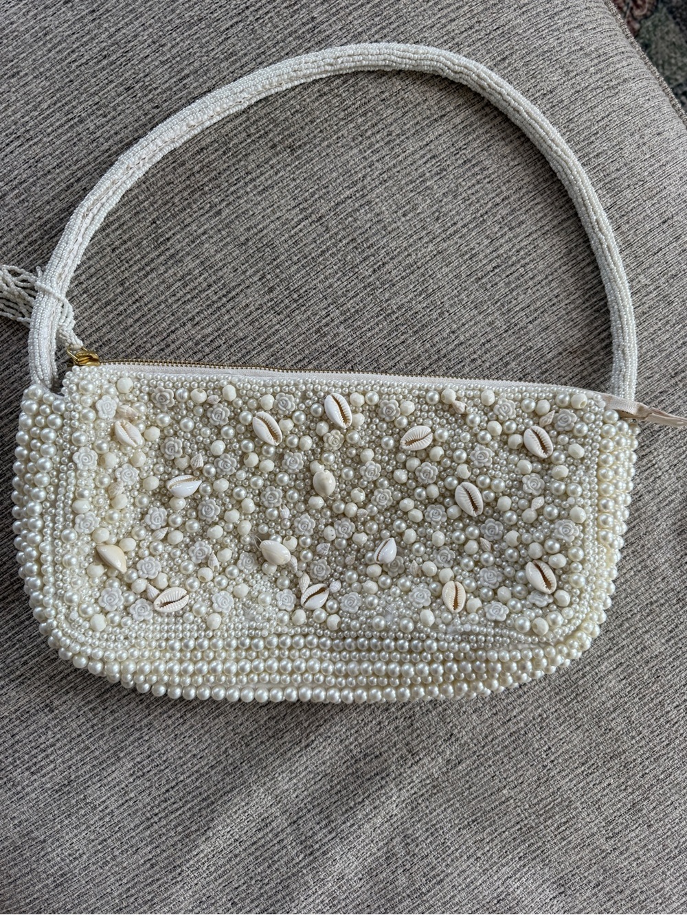 Vintage Ivory Beaded Pearl & Shell Shoulder Bag Y2K Bridal Evening Purse